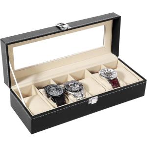 imageUten Watch Box 24 Slots Watch Case Watch Box Organizer Jewelry Storage with Large Glass Lid Watch Display Case Watch Box for Men ampamp WomenBlack  Beige