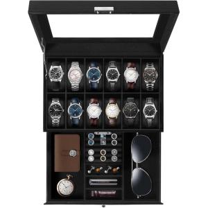 imageUten Watch Box 24 Slots Watch Case Watch Box Organizer Jewelry Storage with Large Glass Lid Watch Display Case Watch Box for Men ampamp WomenBlack