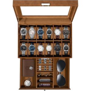imageUten Watch Box 24 Slots Watch Case Watch Box Organizer Jewelry Storage with Large Glass Lid Watch Display Case Watch Box for Men ampamp WomenBrown
