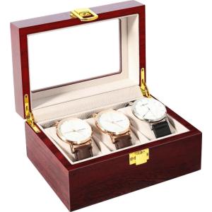 imageUten Watch Box with 10 Slots Watch Case Organizer with Golden Lock and Key Wooden Watch Display Storage Box with Removable Watch Cushions Velvet Lining Metal Clasp Gift for Men ampamp WomenCherry Red