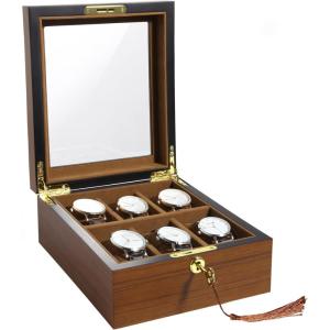 imageUten Watch Box with 10 Slots Watch Case Organizer with Golden Lock and Key Wooden Watch Display Storage Box with Removable Watch Cushions Velvet Lining Metal Clasp Gift for Men ampamp WomenTree Grain
